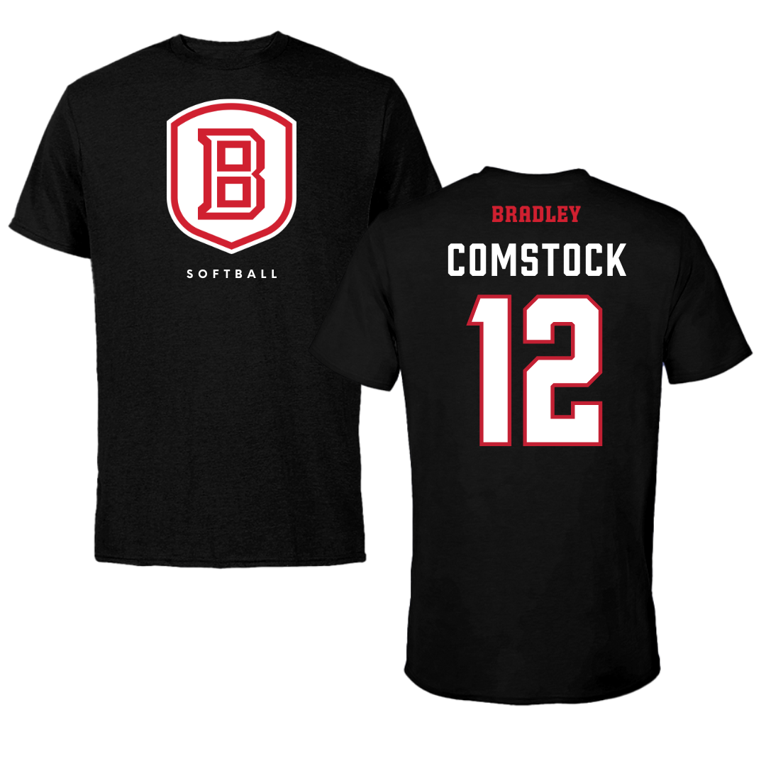 Bradley University Softball Black Shield Tee - #12 Austin Comstock
