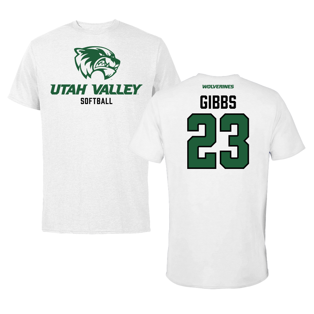 Camiseta blanca de softbol de la Universidad del Valle de Utah - #23 Megan Gibbs