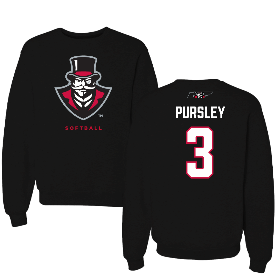 Austin Peay State University Softball Black Mascot Crewneck - #3 Charley Pursley