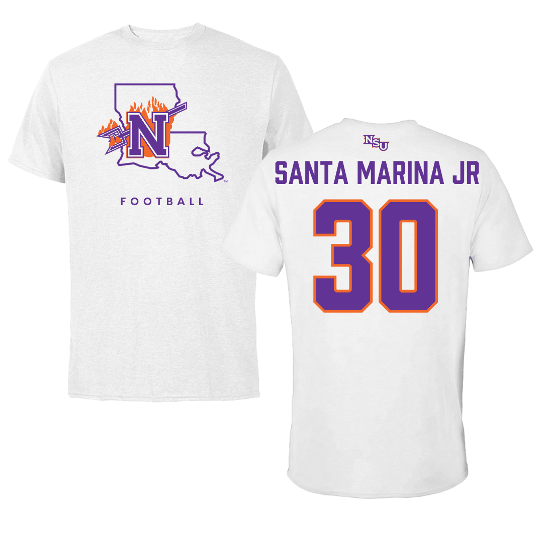 Northwestern State University Football White Tee  - #30 Troy Santa Marina Jr