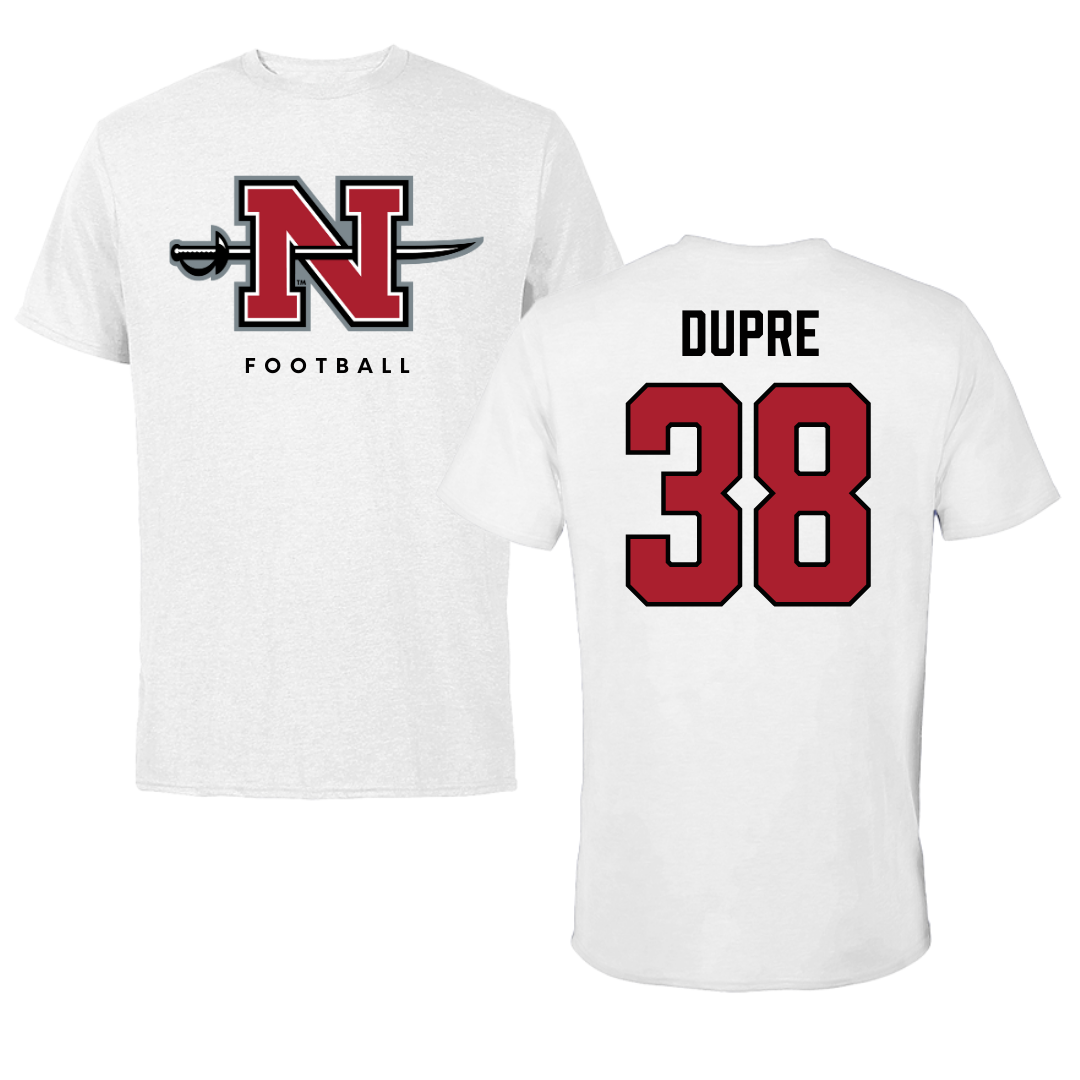 Camiseta blanca de fútbol de la Universidad Estatal de Nicholls - #38 Kylan Dupre