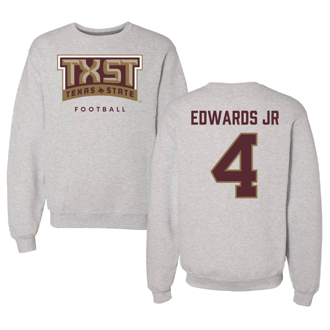 Cuello redondo gris de fútbol americano de la Universidad Estatal de Texas - #4 Alonzo Edwards Jr