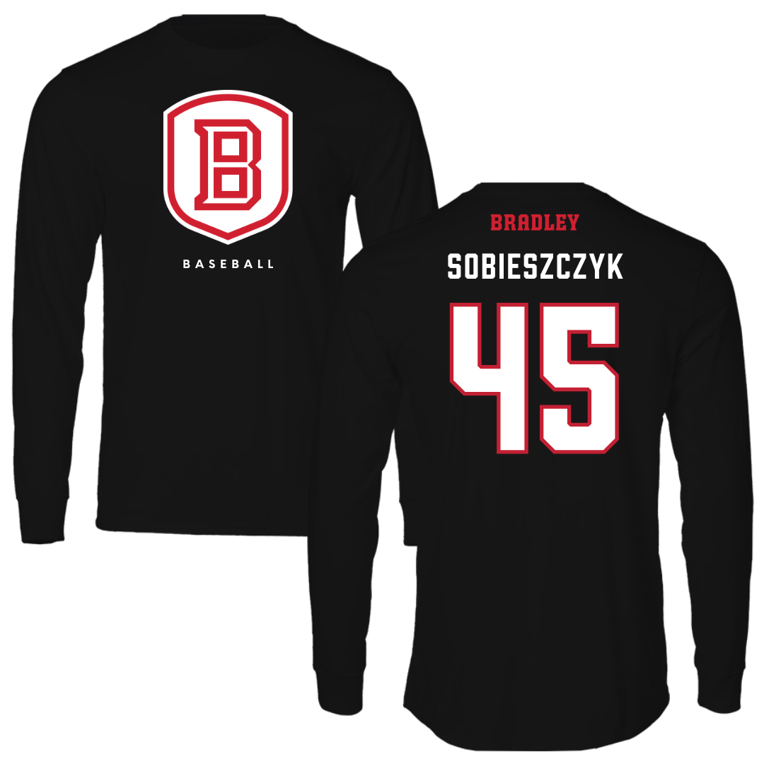 Bradley University Baseball Black Shield Long Sleeve - #45 Isaac Sobieszczyk