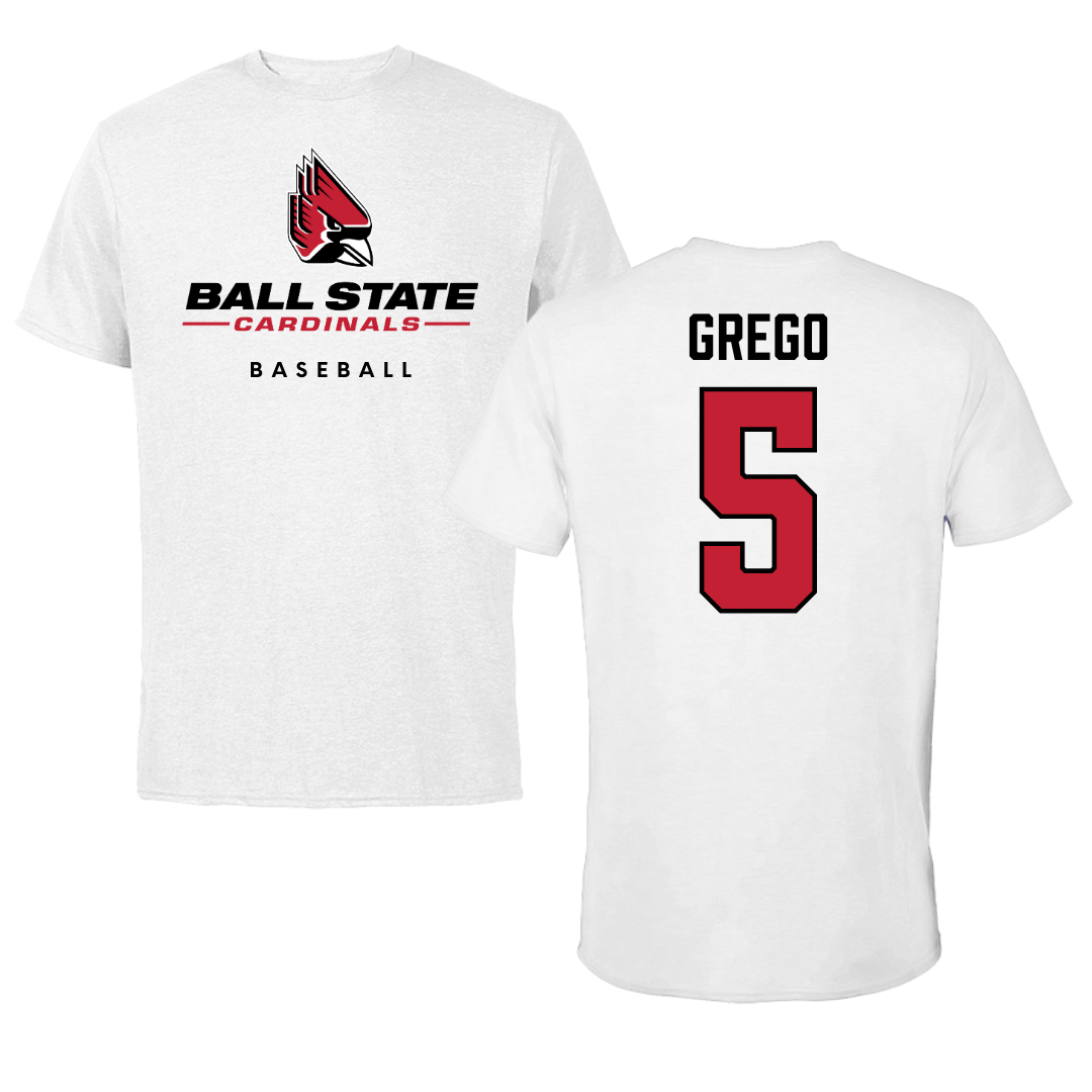 Camiseta blanca de béisbol de la Universidad Ball State - #5 Dylan Grego