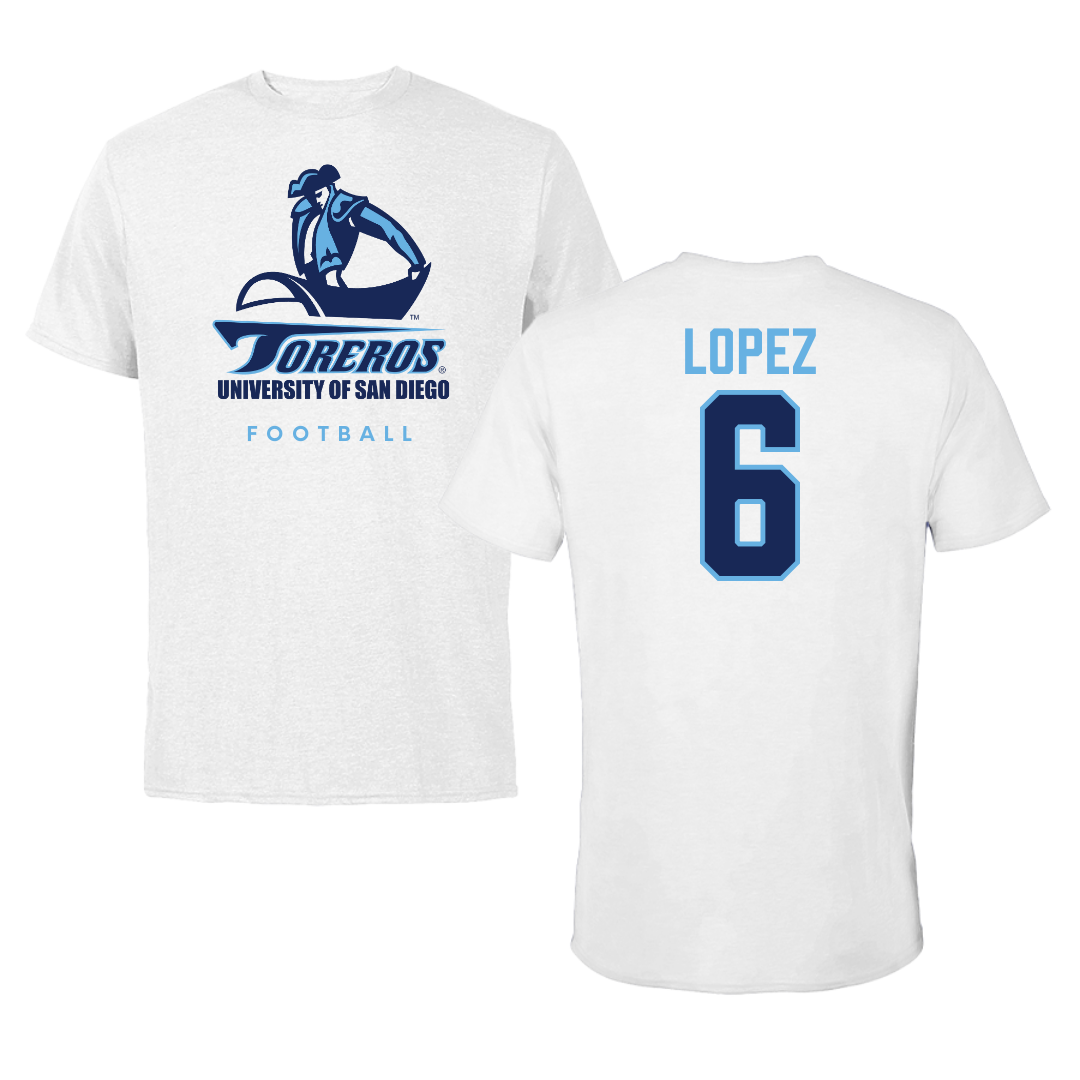 University of San Diego Football White Tee  - #6 Ruben Lopez