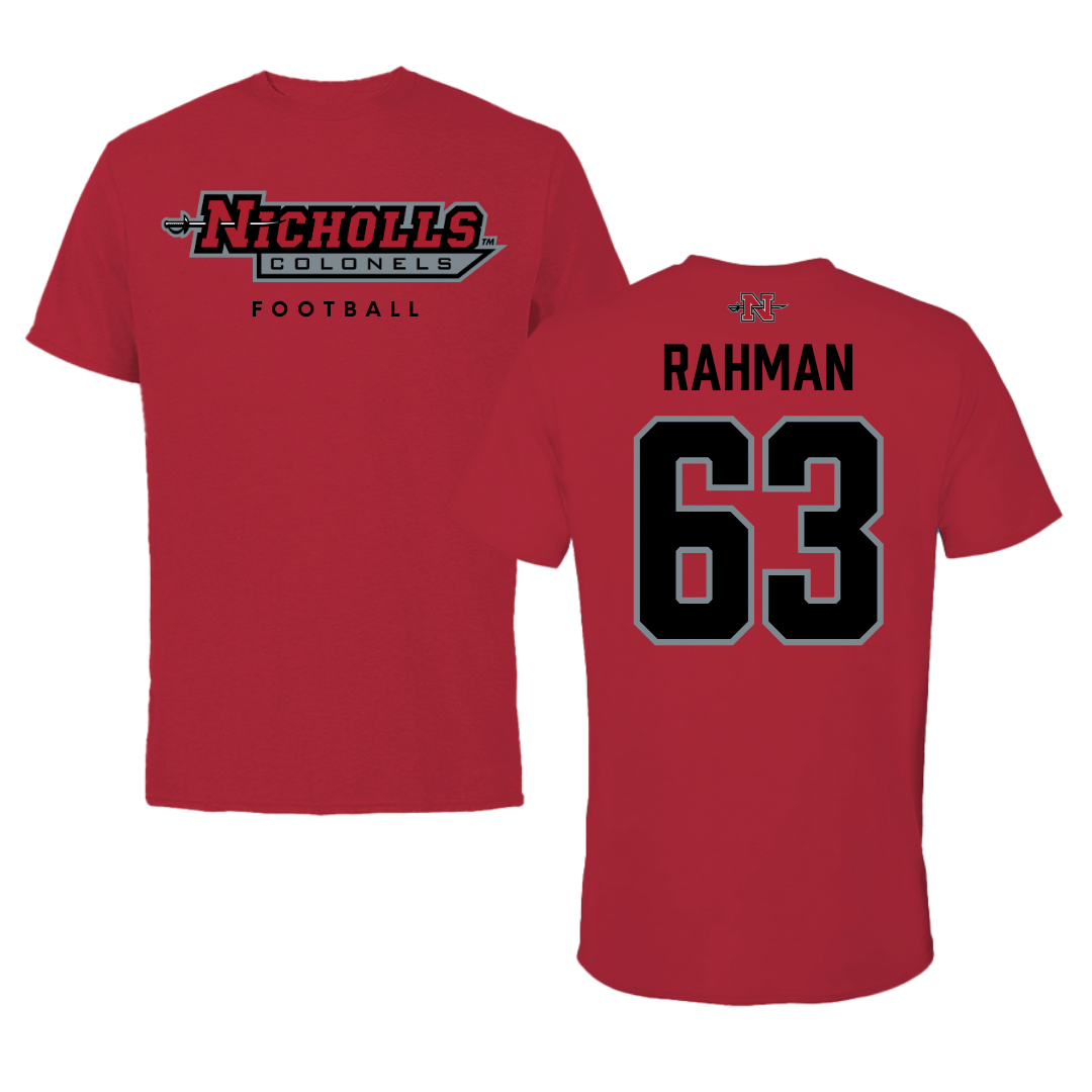 Nicholls State University Football Red Tee  - #63 Hamza Rahman