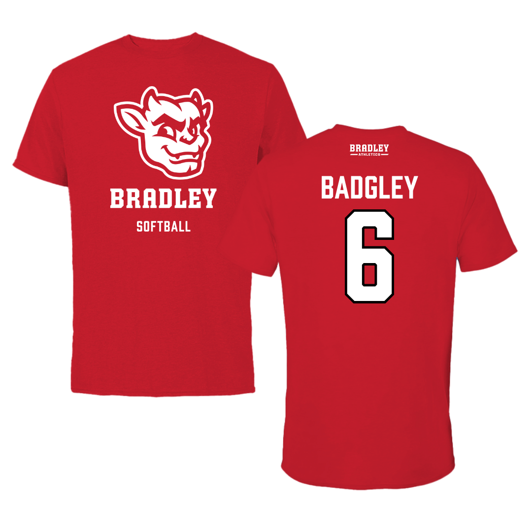 Bradley University Softball Red Mascot Tee  - #6 Abbott Badgley