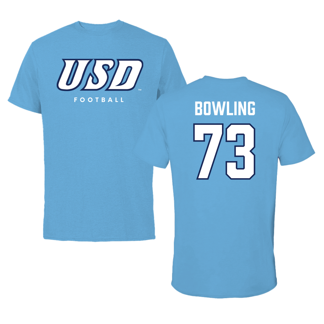 University of San Diego Football Carolina Blue Tee  - #73 Evans Bowling