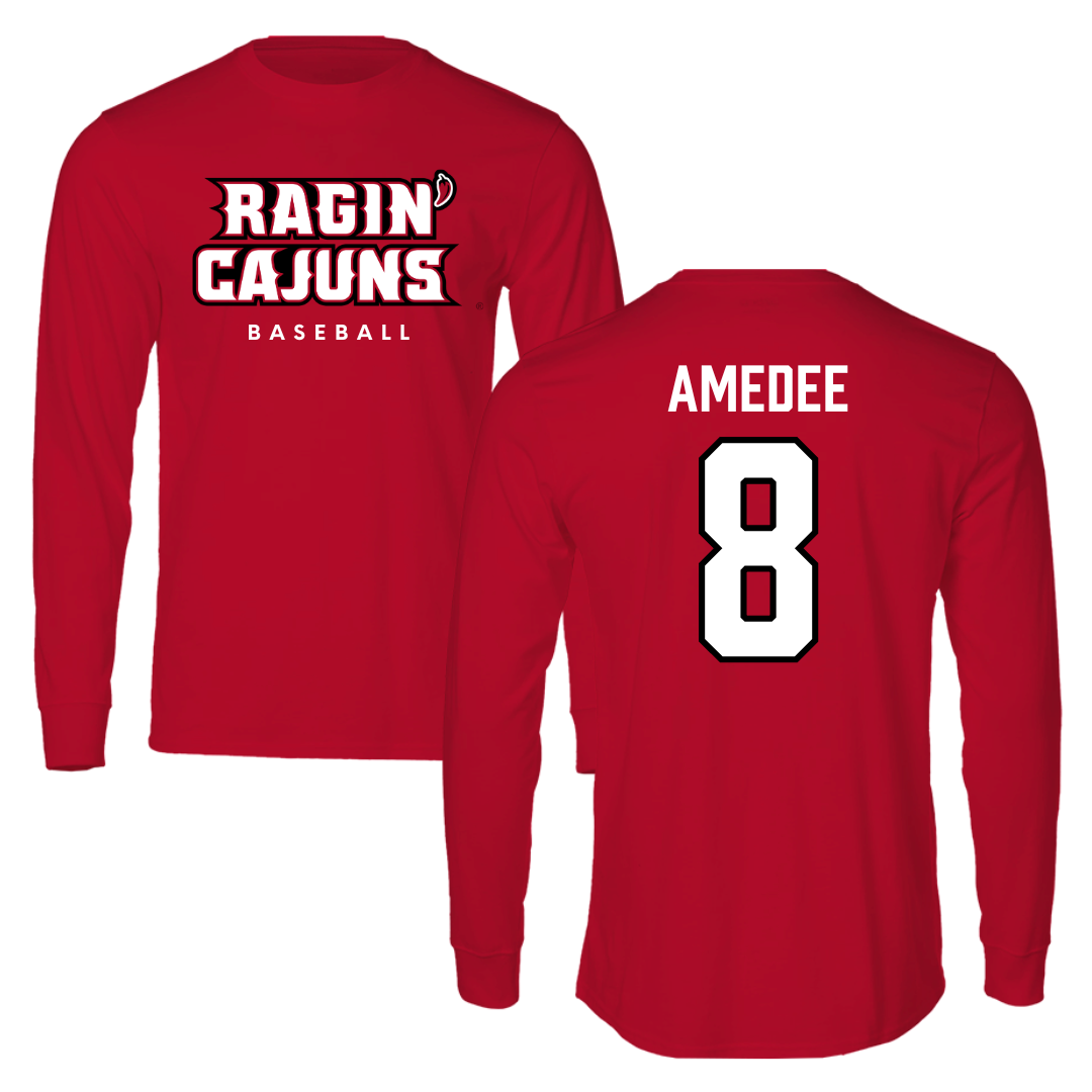 University of Louisiana at Lafayette Baseball Red Long Sleeve  - #8 Lee Amedee