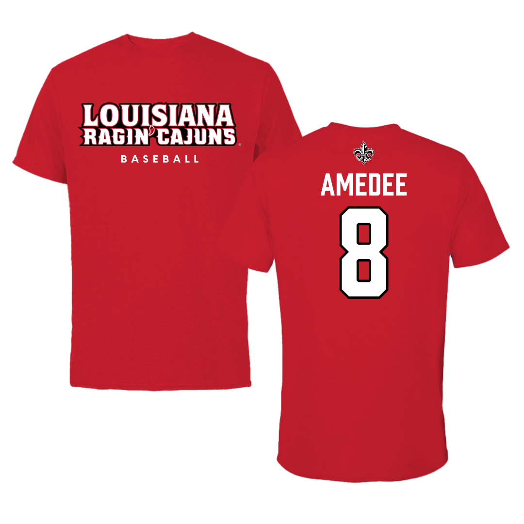 University of Louisiana at Lafayette Baseball Red Tee  - #8 Lee Amedee