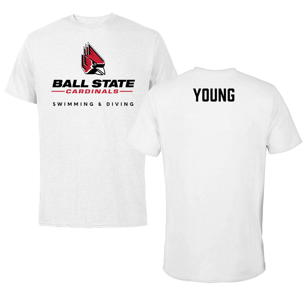 Ball State University Swimming & Diving White Tee  - Mason Young