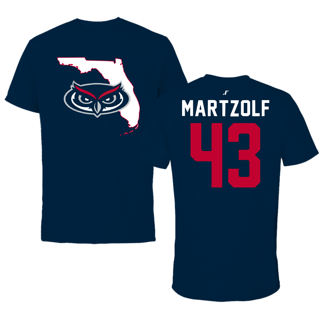 Florida Atlantic University Baseball Navy State Tee - #43 Max Martzolf