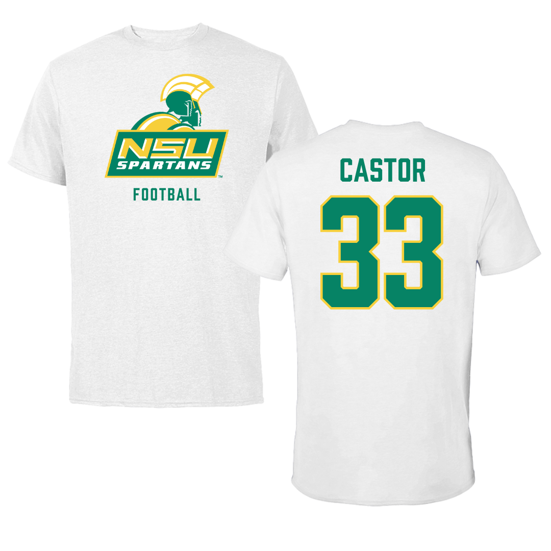 Norfolk State University Football White Performance Tee - #33 Darren Castor