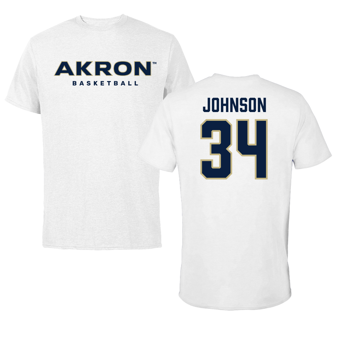 University of Akron Basketball White Performance Tee - #34 Nate Johnson