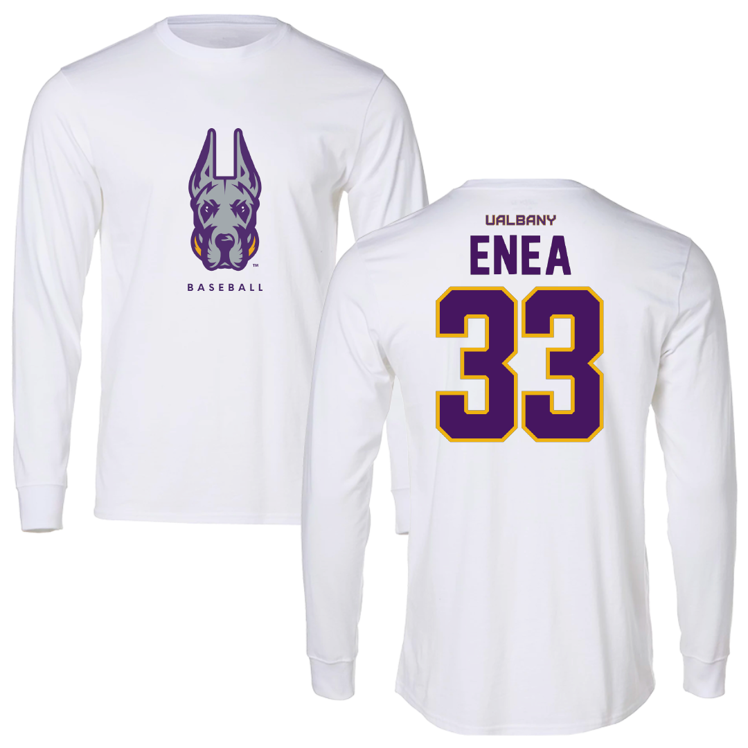 University at Albany Baseball White Long Sleeve - #33 Alex Enea