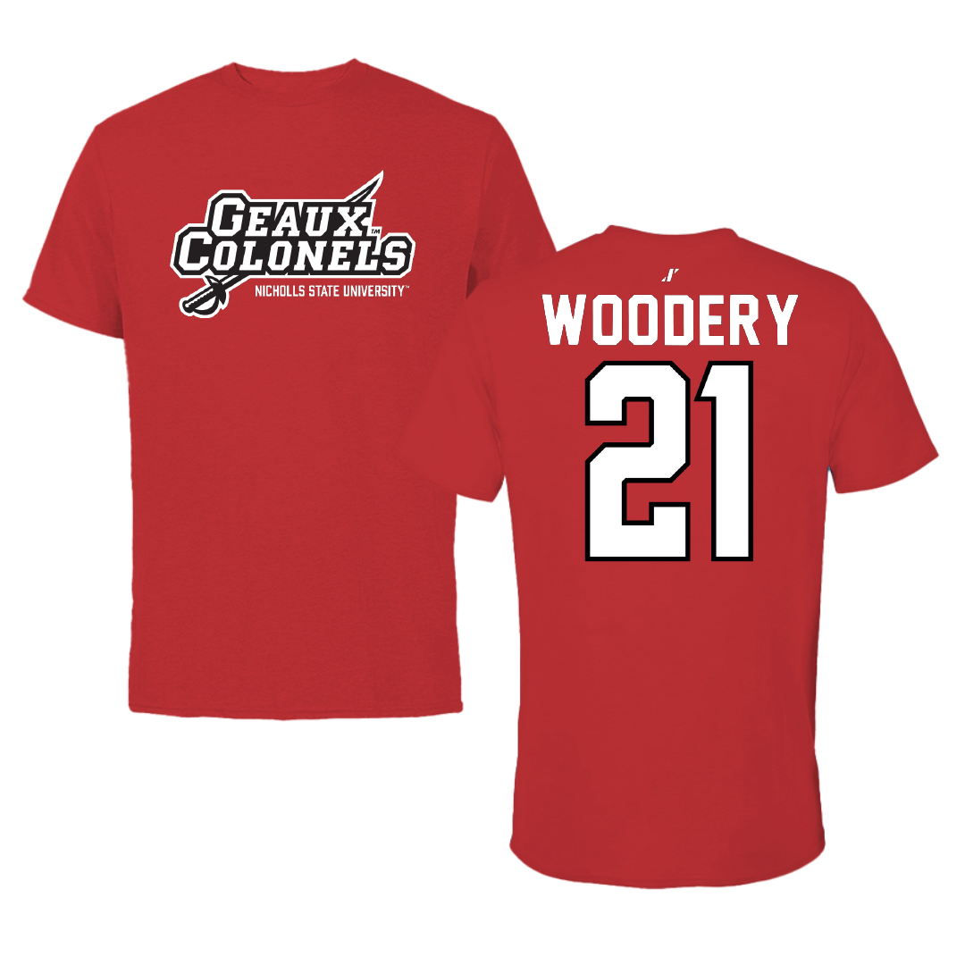 Nicholls State University Football Red General Performance Tee - #21 Malik Woodery