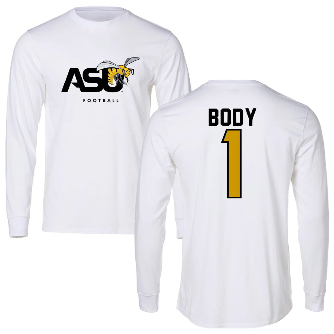 Alabama State University Football White Performance Long Sleeve - #1 Andrew Body