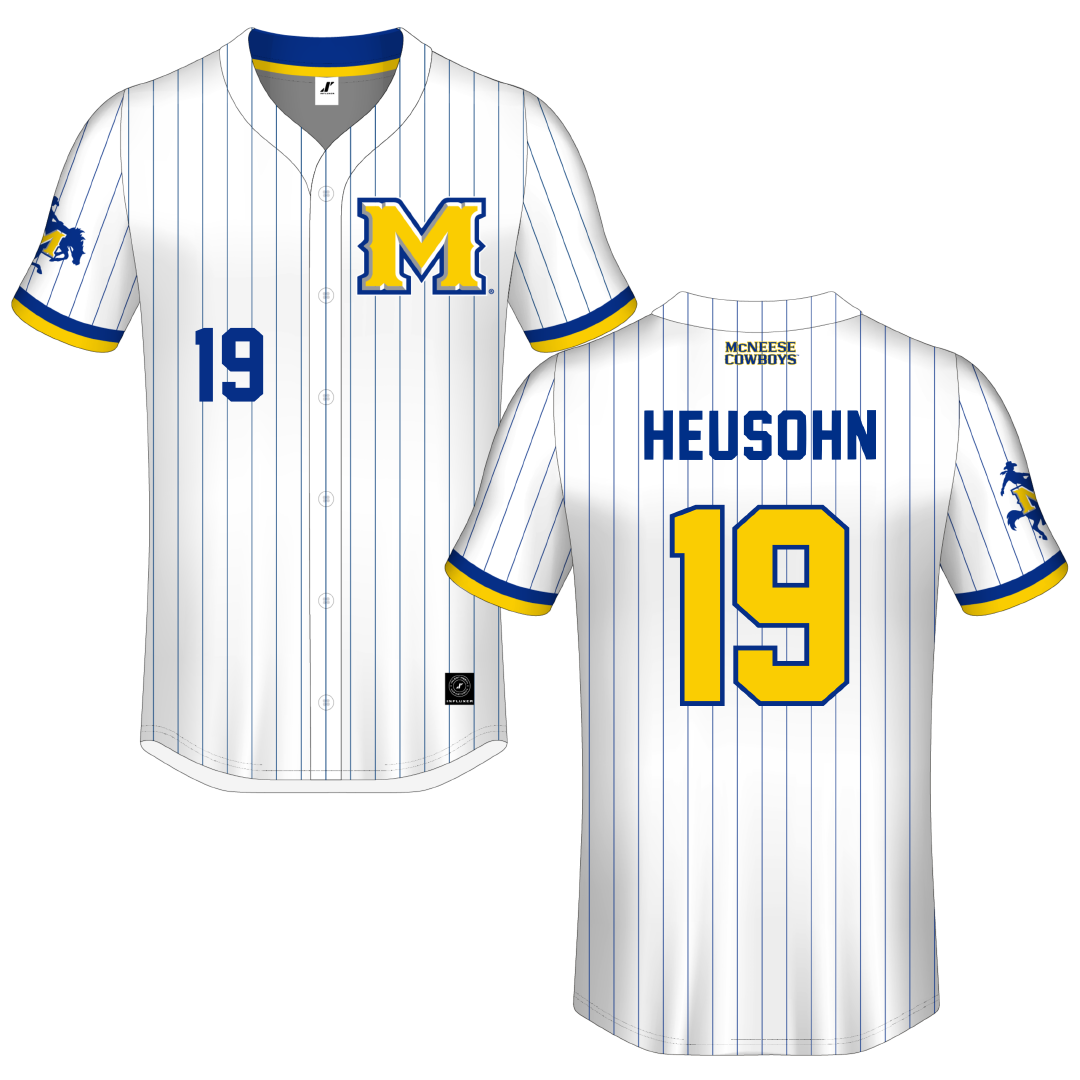 McNeese State University White Pinstripe Button-Down Jersey - #19 Marcus Heusohn