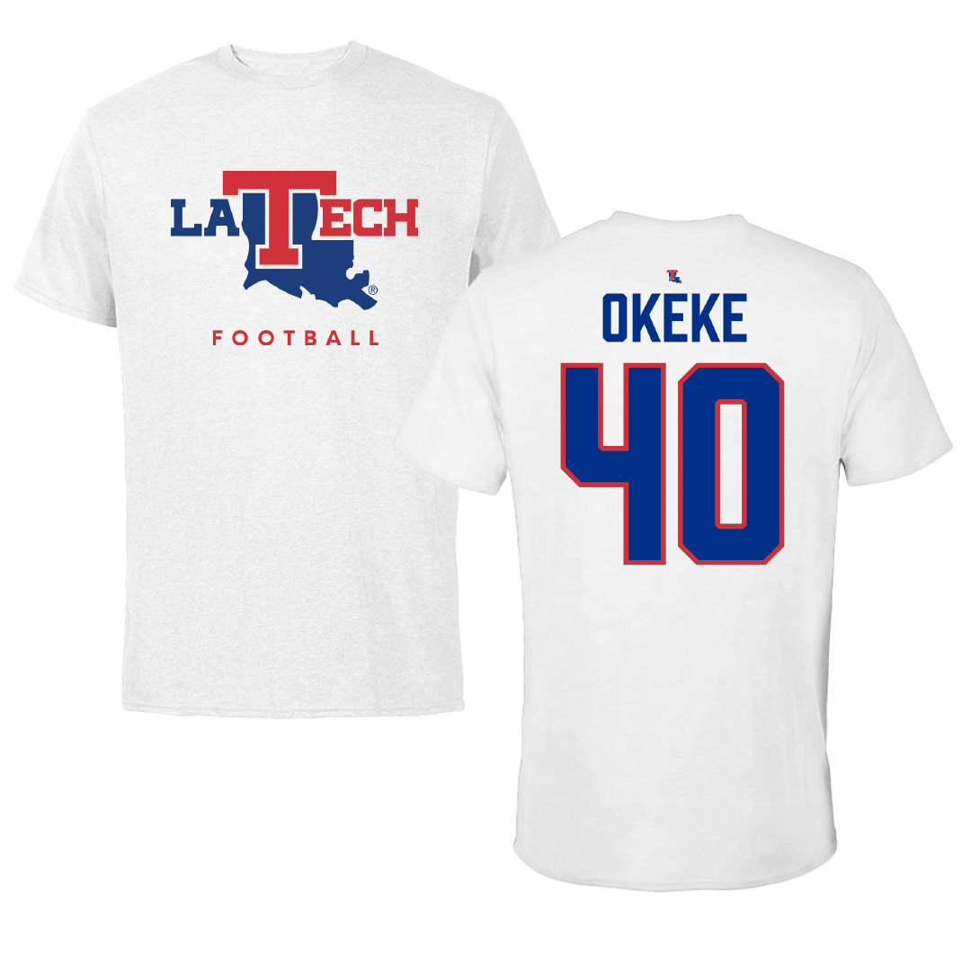 Louisiana Tech University Football White Performance Tee - #40 Obinna Okeke