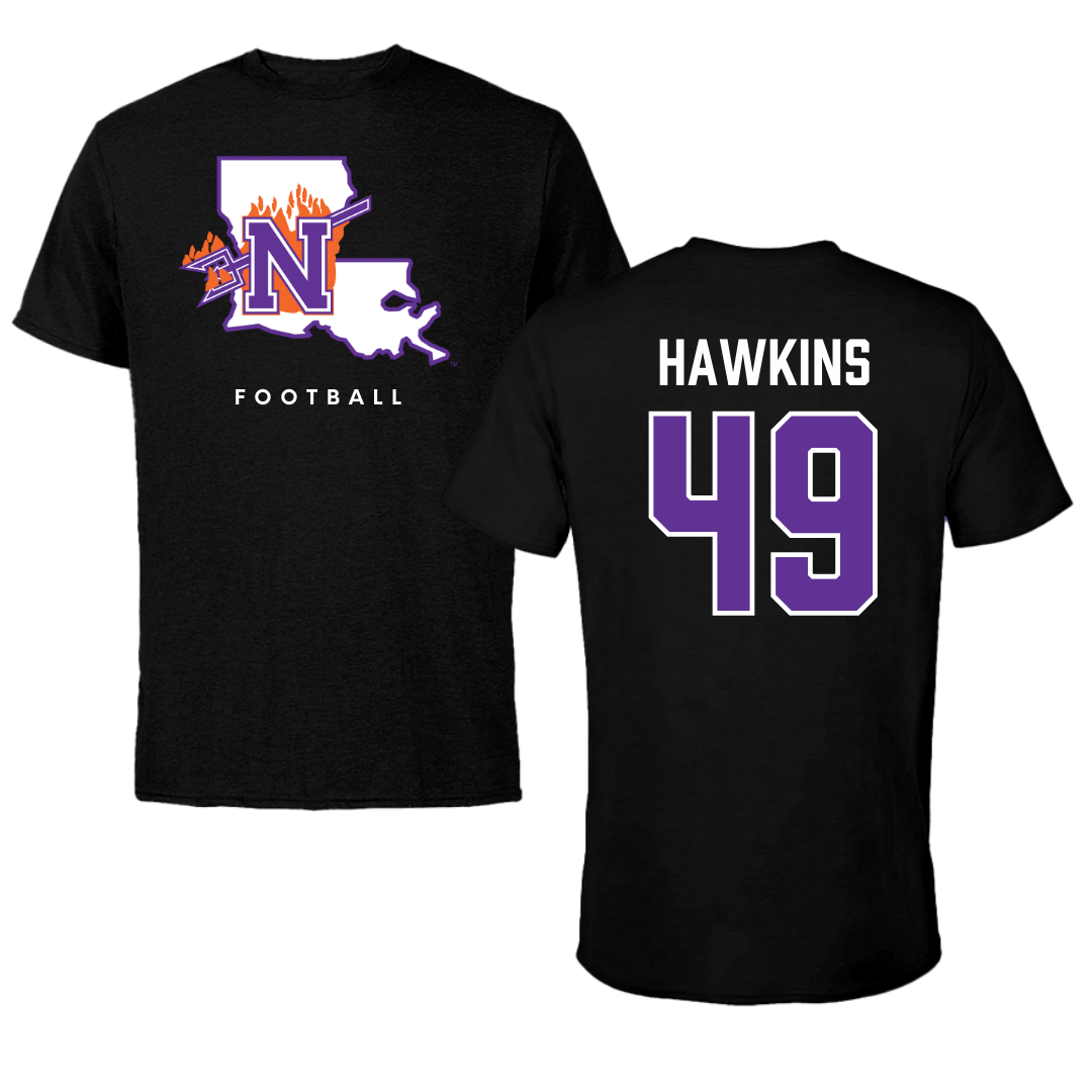 Northwestern State University Football Black Block Tee - #49 Christian Hawkins