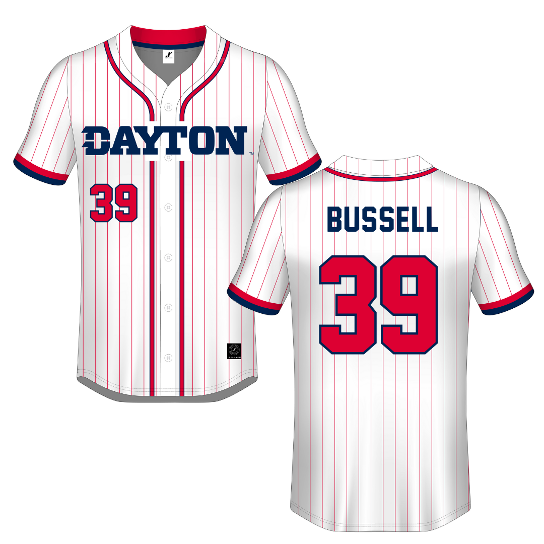 University of Dayton White Pinstripe Button-Down Jersey - #39 CJ Bussell