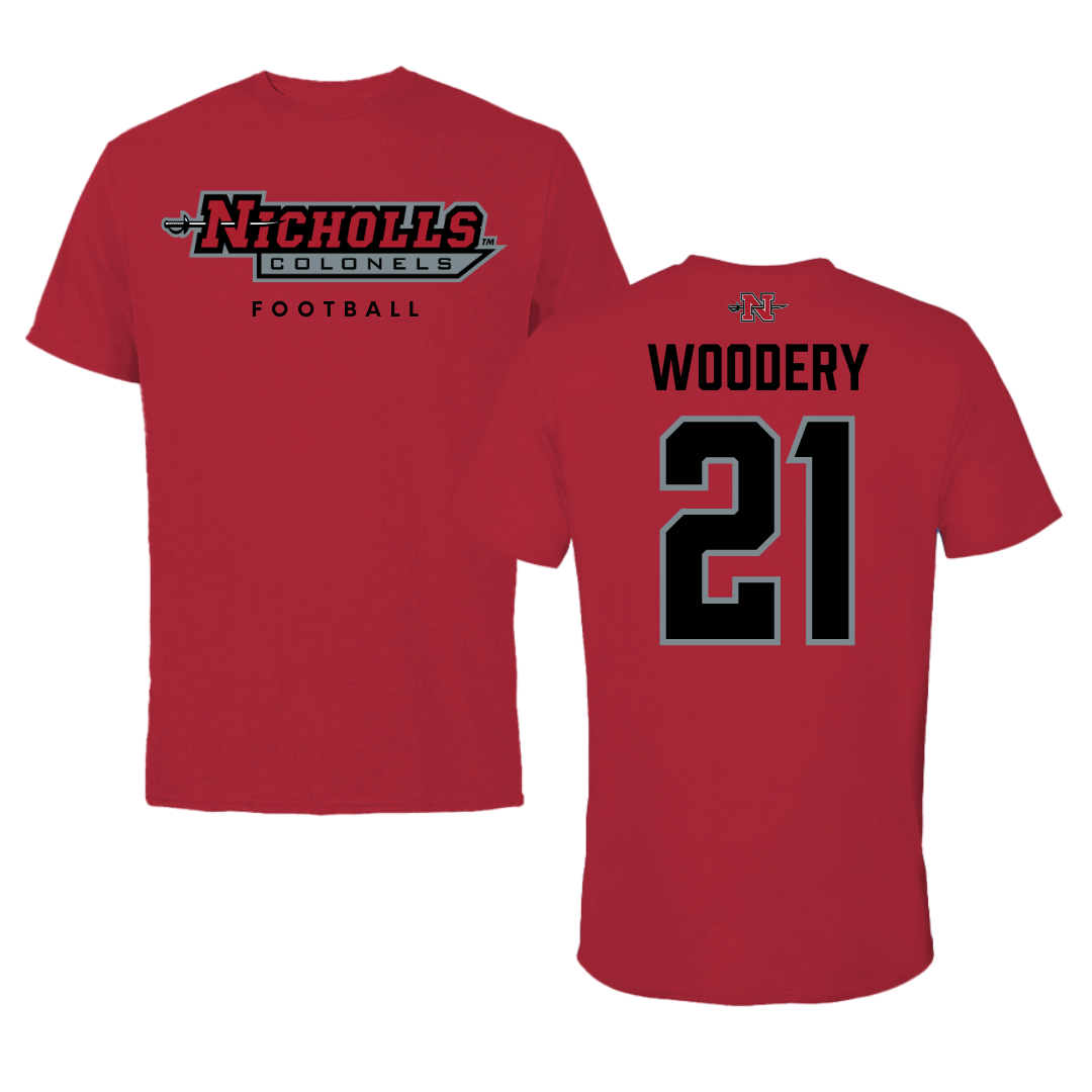 Nicholls State University Football Red Performance Tee - #21 Malik Woodery