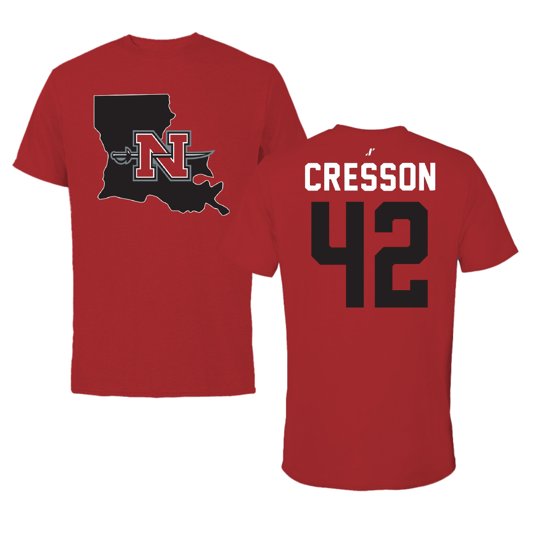 Nicholls State University Football Canvas Red State Tee - #42 David Cresson