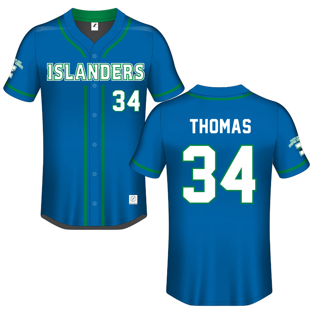 Texas A&M University-Corpus Christi Blue Button-Down Jersey - #34 Hayden Thomas
