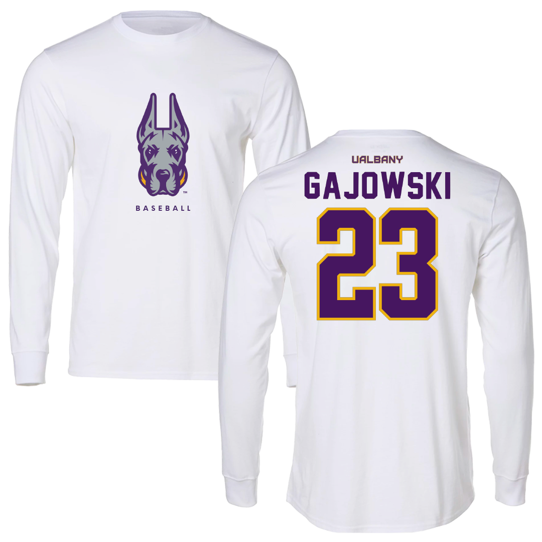 University at Albany Baseball White Performance Long Sleeve - #23 Mark Gajowski