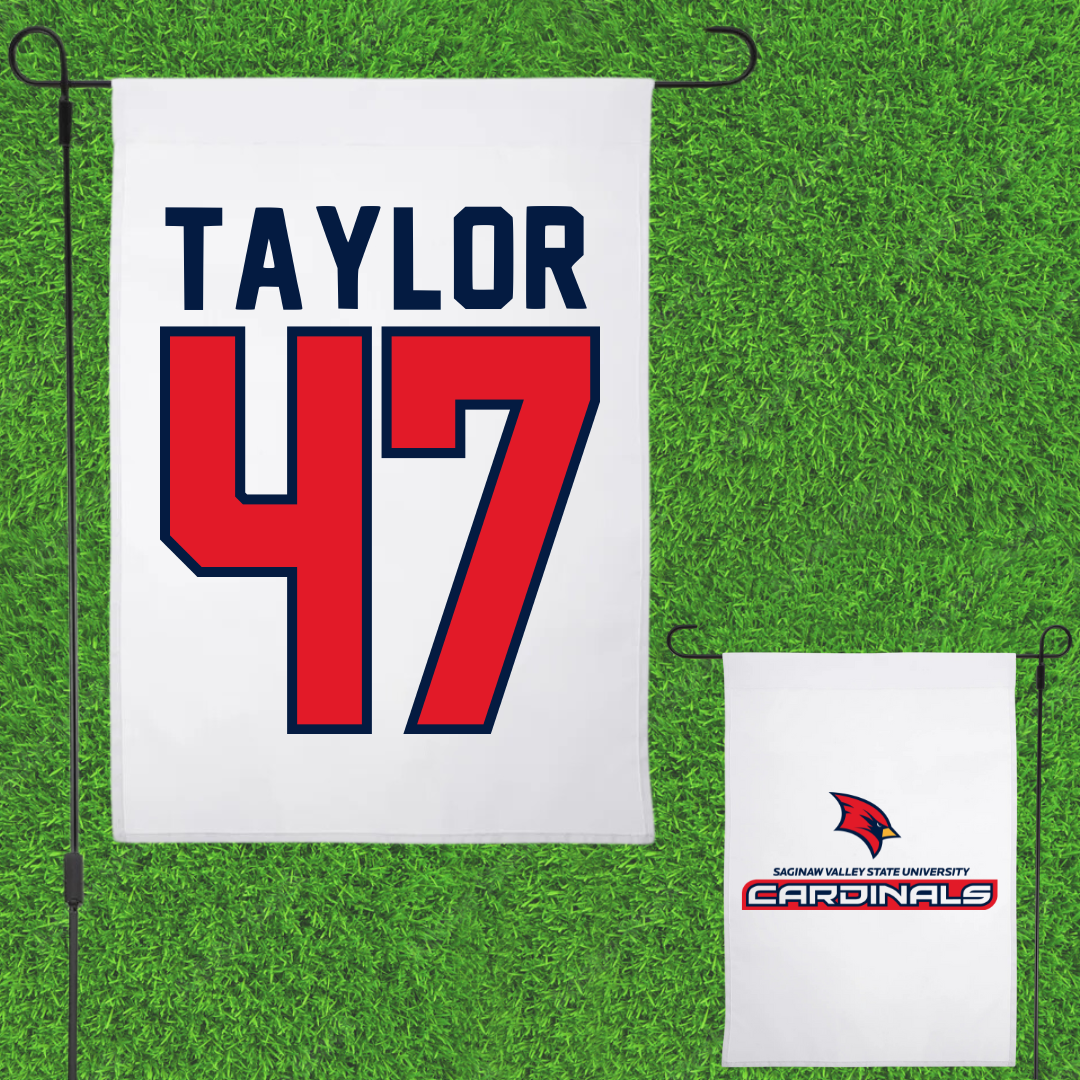 Saginaw Valley State University Football White Garden Flag - #47 Maxwell Taylor