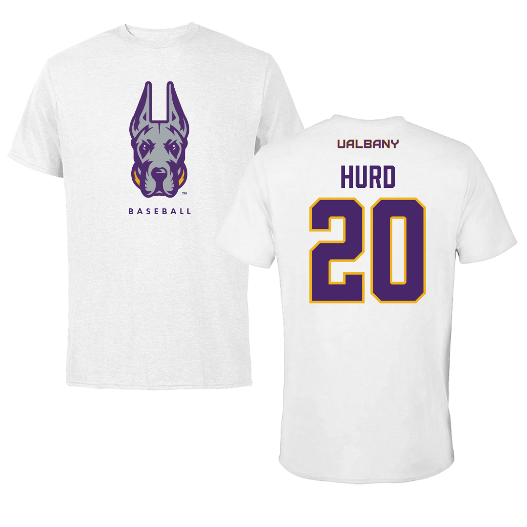 University at Albany Baseball White Mascot Tee - #20 Justin Hurd