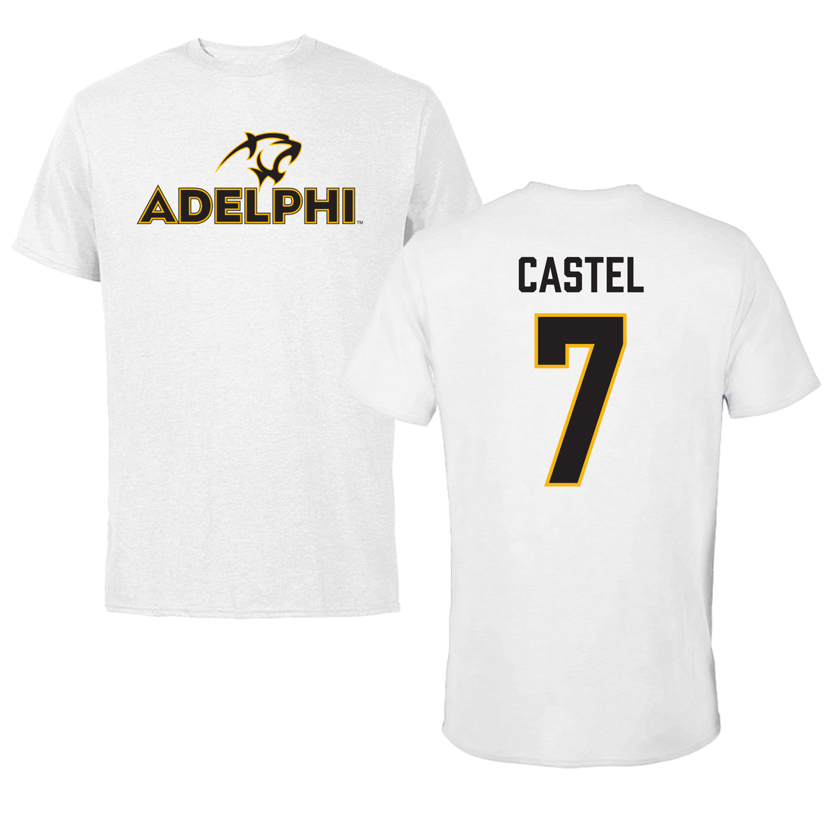 Adelphi University Soccer White Tee - #7 Victor Castel