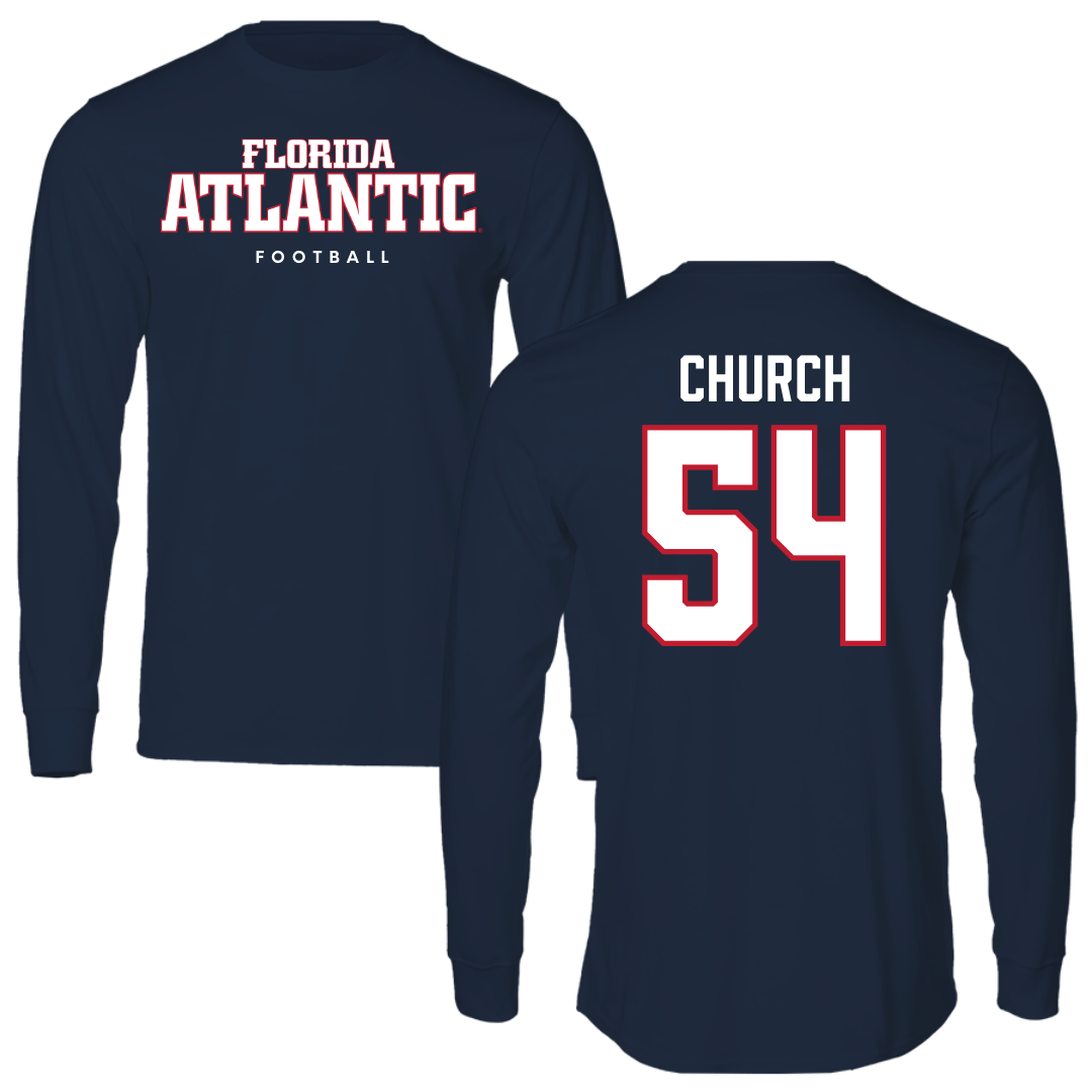Florida Atlantic University Football Navy Block Performance Long Sleeve - #54 Jordan Church