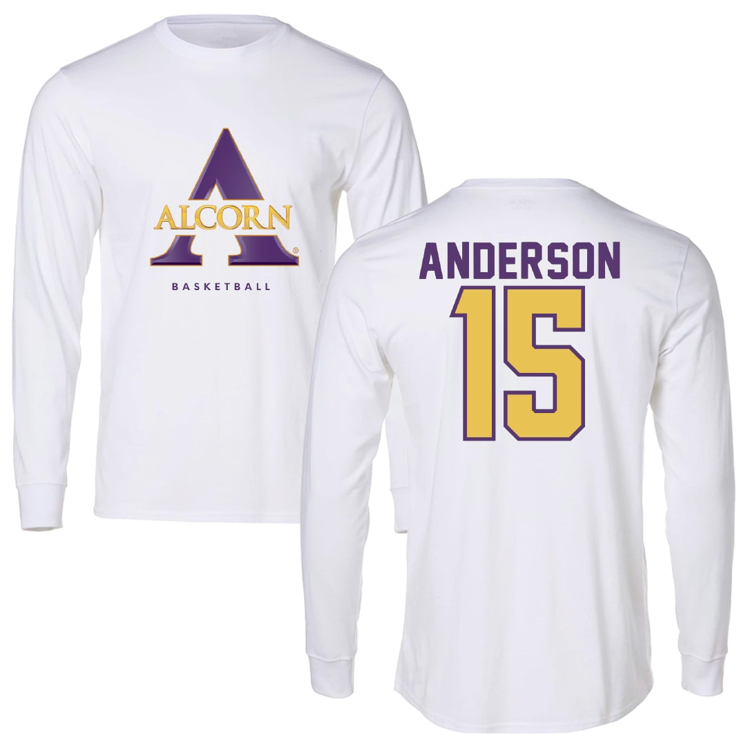 Alcorn State University Basketball White Performance Long Sleeve - #15 Jeanee Anderson