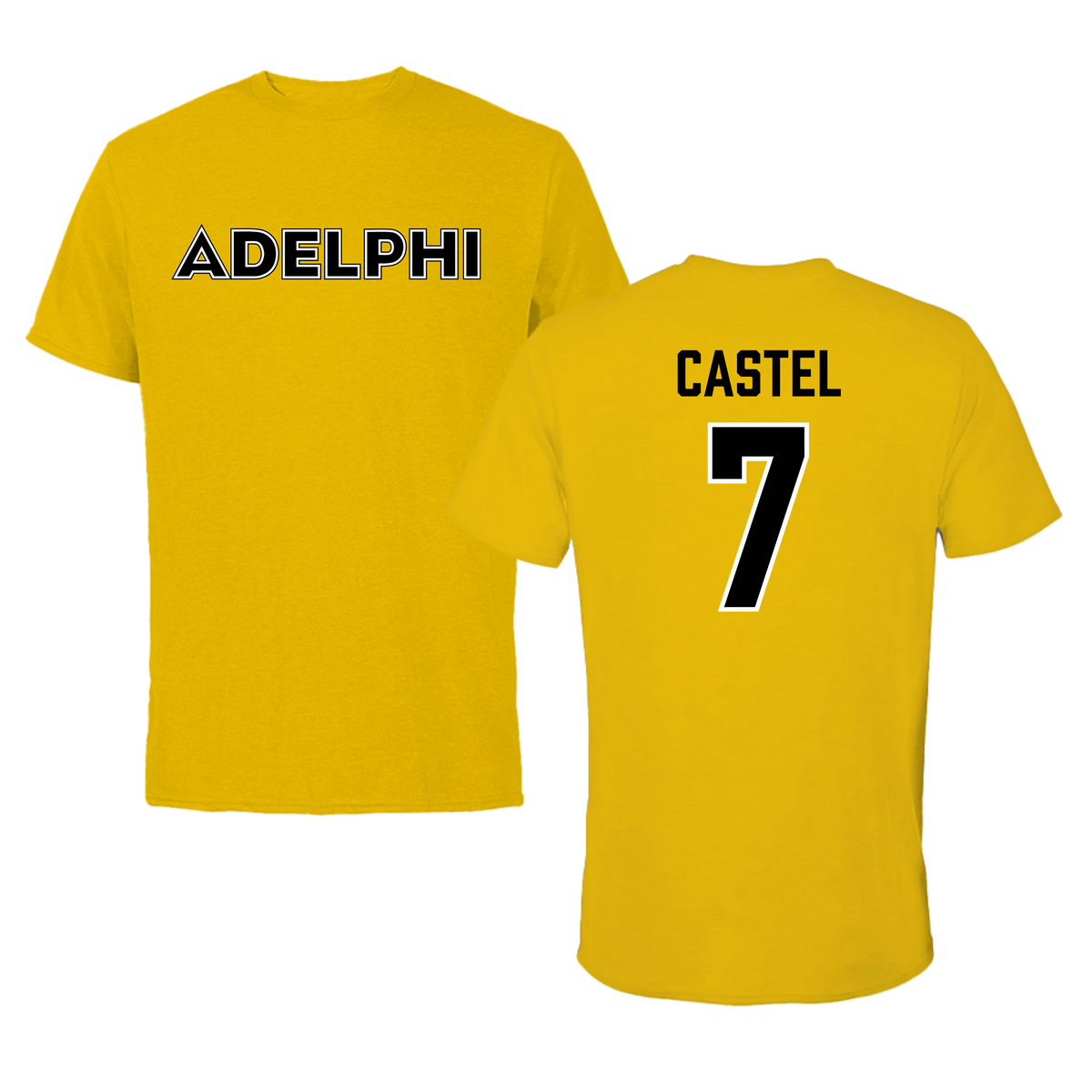 Adelphi University Soccer Gold Tee - #7 Victor Castel