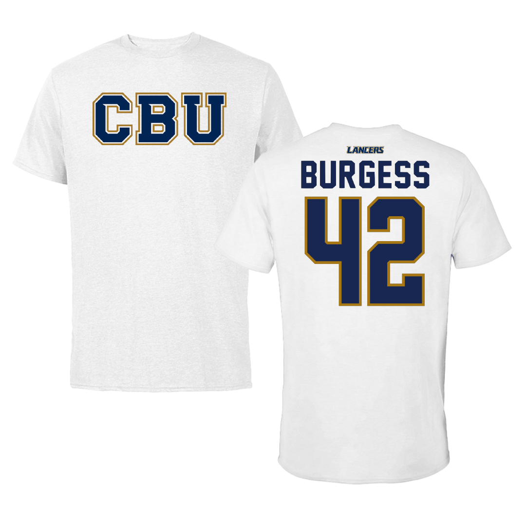 California Baptist University Baseball White Tee - #42 Sam Burgess