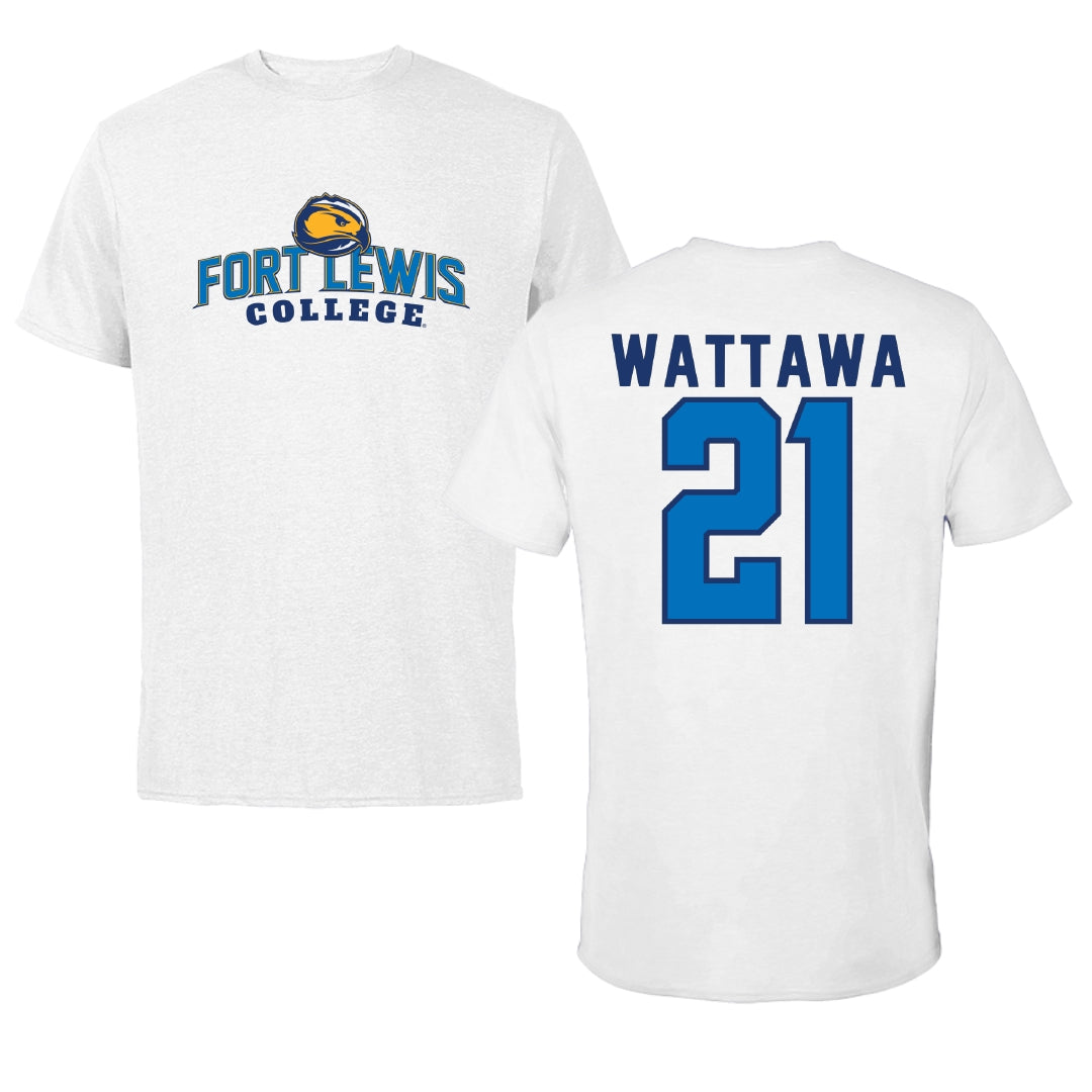 Fort Lewis College Basketball White Performance Tee - #21 Samantha Wattawa