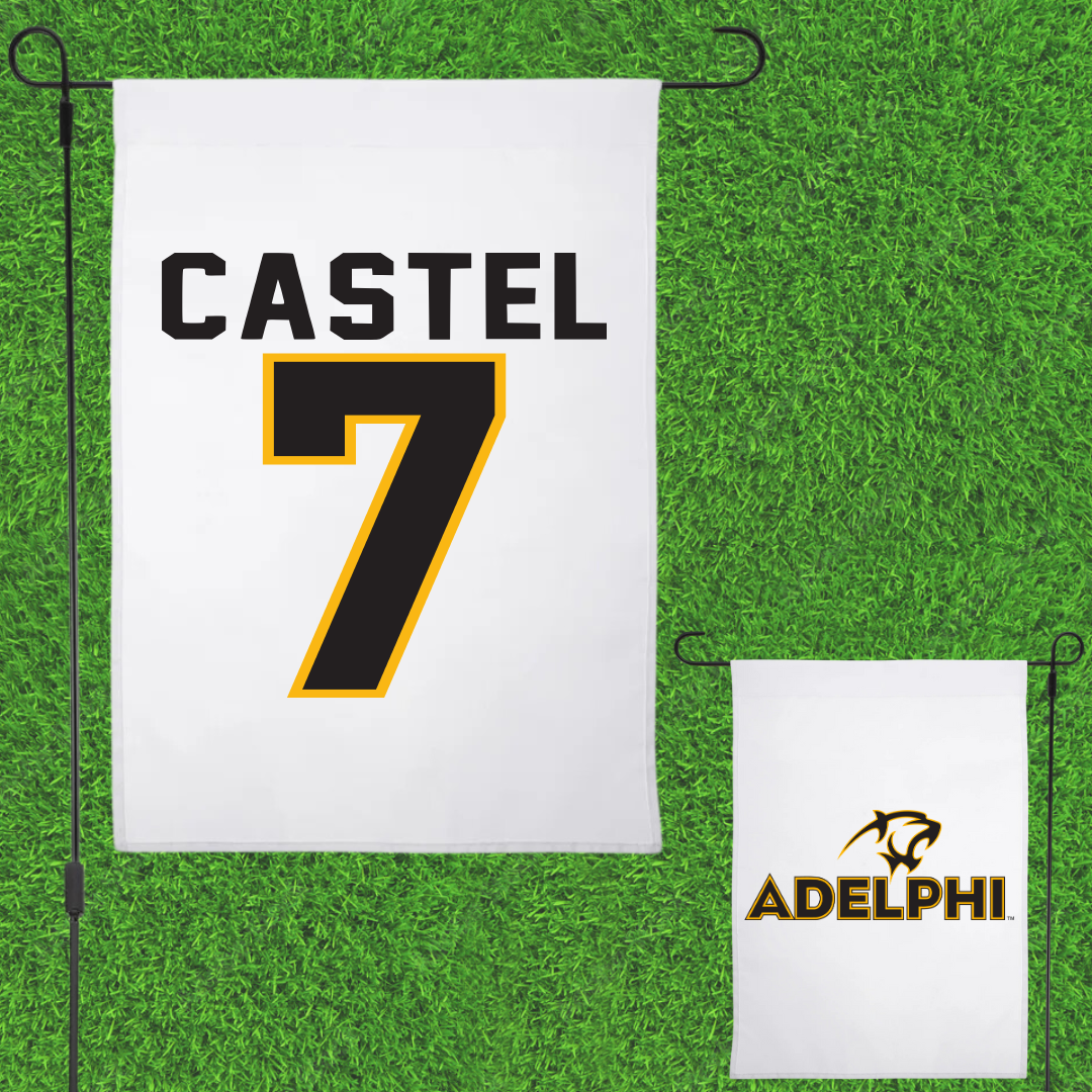 Adelphi University Soccer White Garden Flag - #7 Victor Castel
