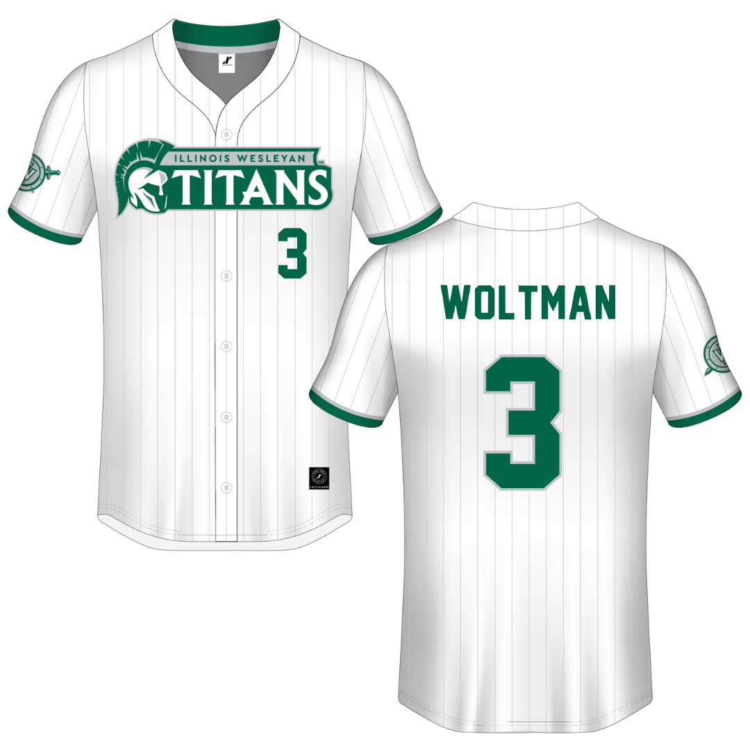 Illinois Wesleyan University White Pinstripe Button-Down Jersey - #3 Tyler Woltman