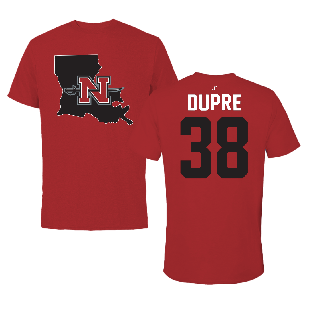 Nicholls State University Football Canvas Red State Tee - #38 Kylan Dupre