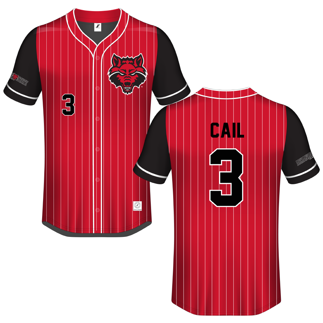 Arkansas State University Red Pinstripe Button-Down Jersey - #3 Daedrick Cail
