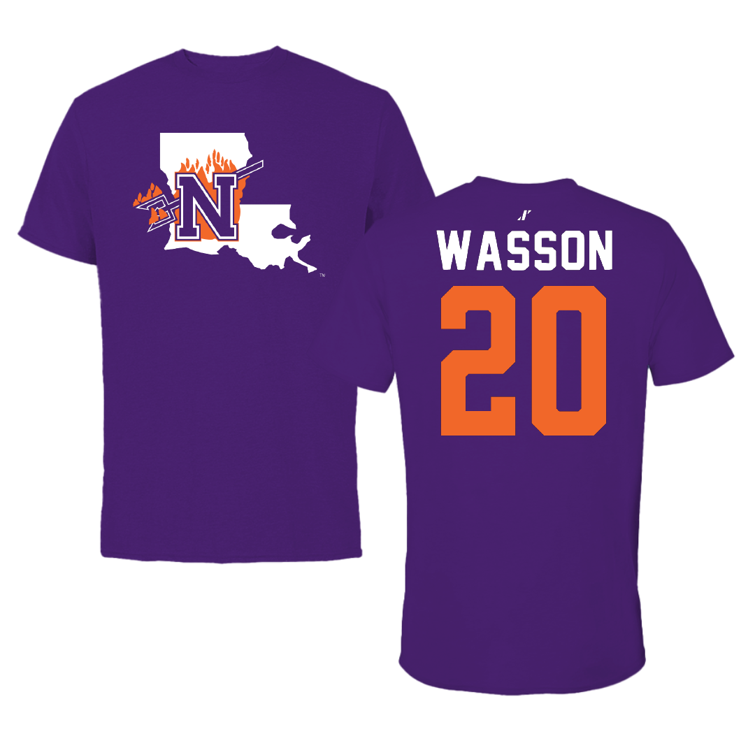 Northwestern State University Football Purple State Tee - #20 Hogan Wasson