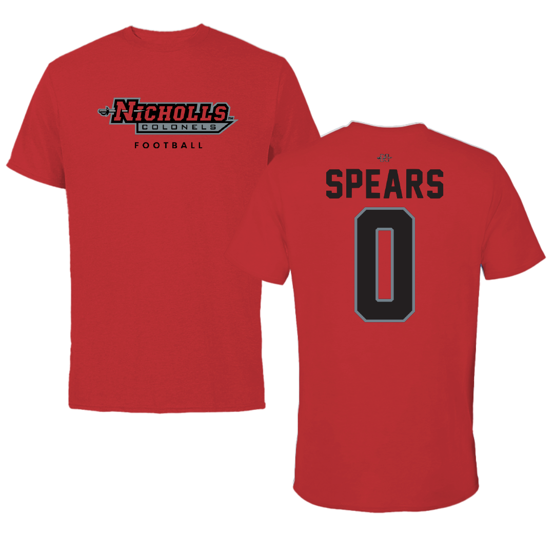 Nicholls State University Football Red Tee - #0 Jaylon Spears