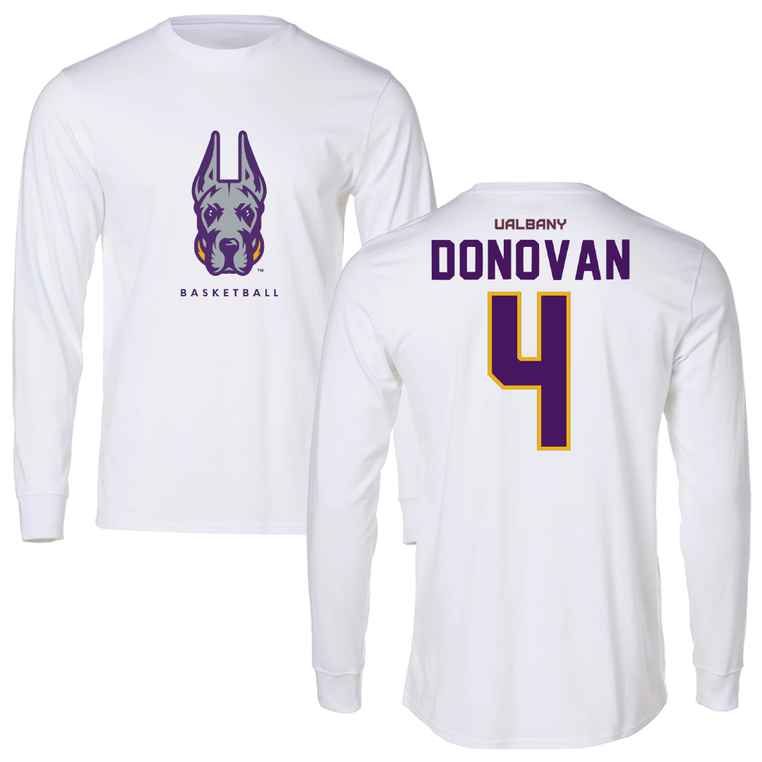 University at Albany Basketball White Performance Long Sleeve - #4 Kaci Donovan