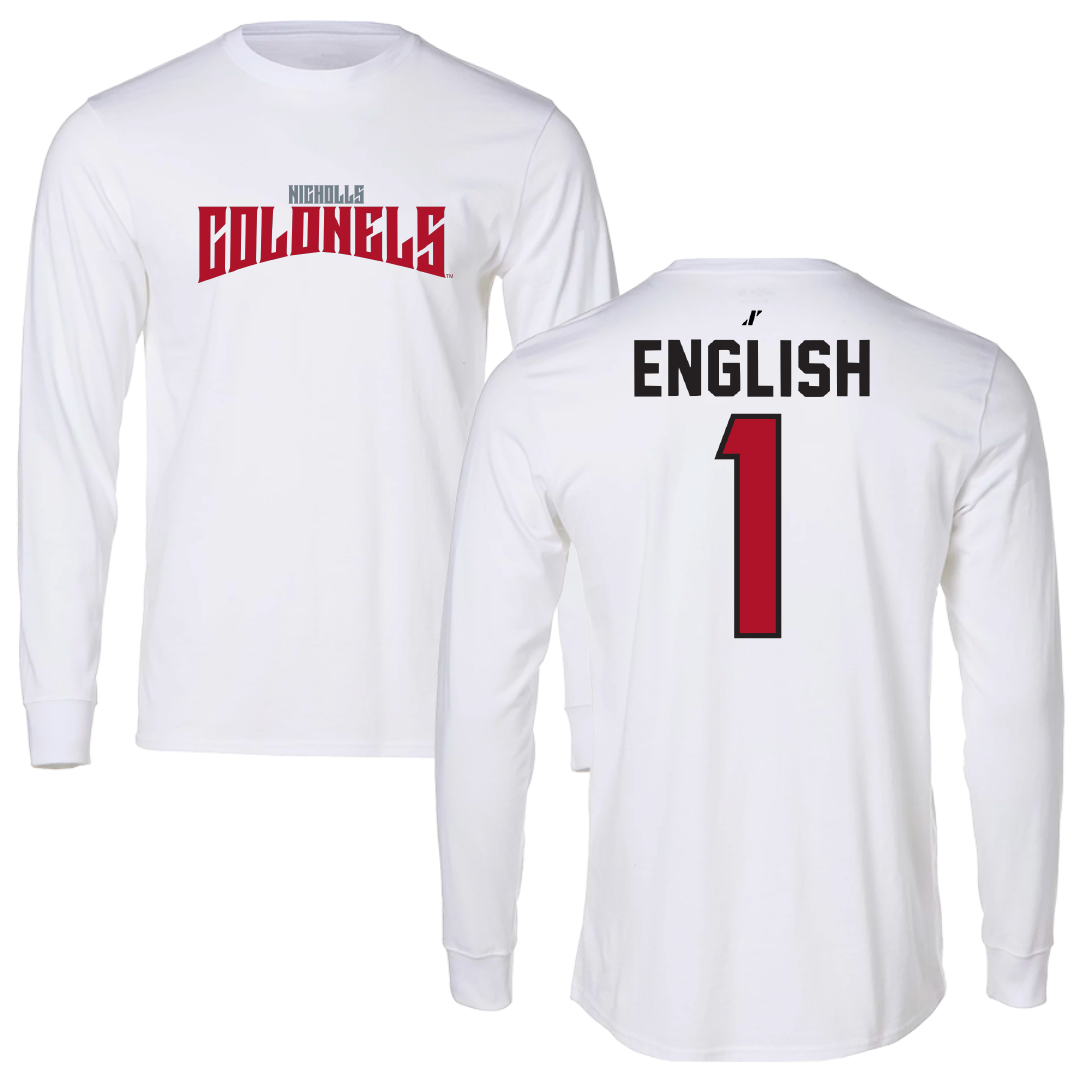Nicholls State University Basketball White Classic Performance Long Sleeve - #1 Trae English