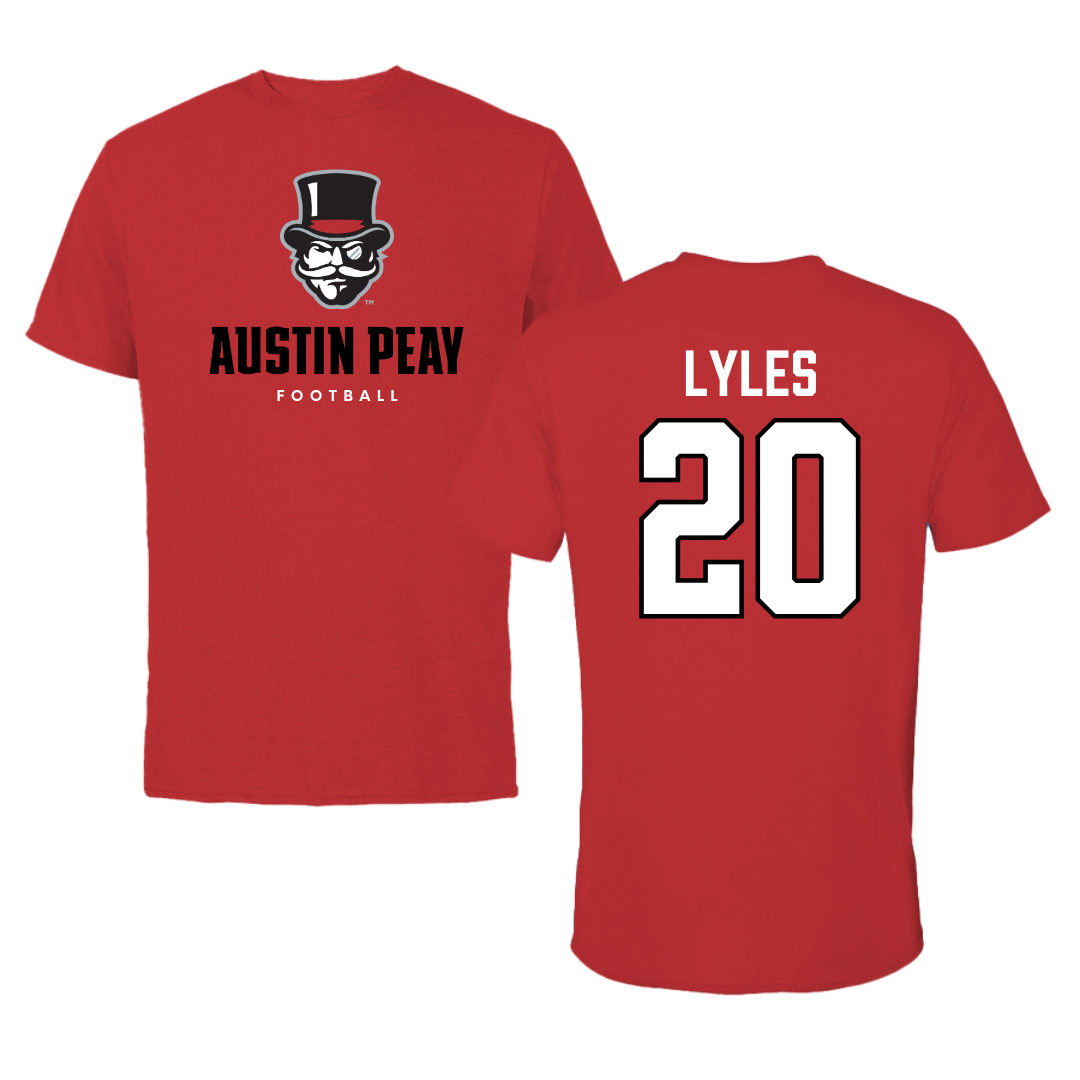 Austin Peay State University Football Red Mascot Performance Tee - #20 Jaden Lyles