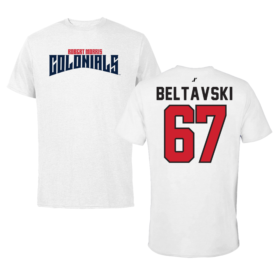 Robert Morris University Football White Classic Performance Tee - #67 Luke Beltavski