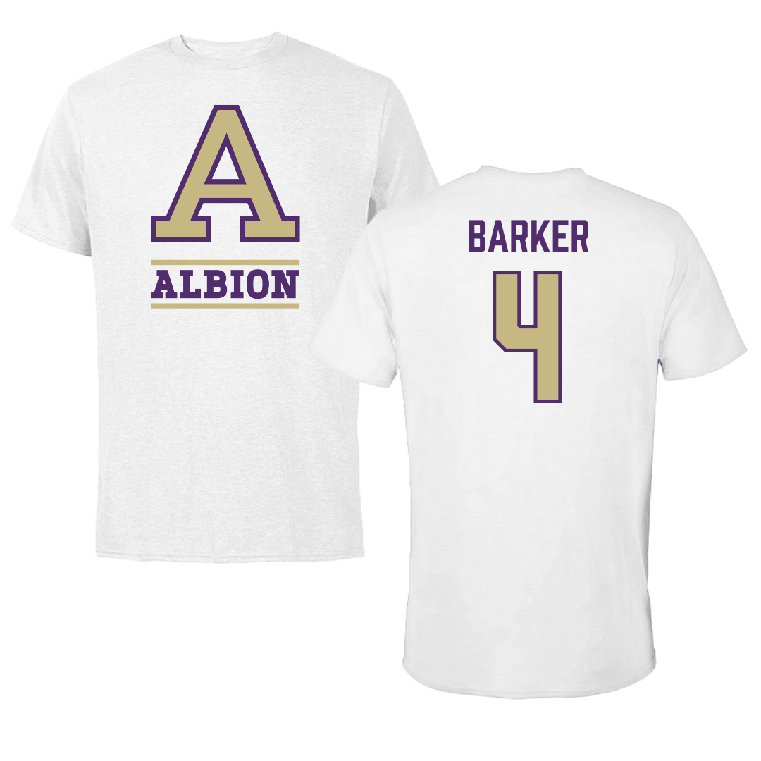 Albion College Soccer White Tee - #4 Drew Barker