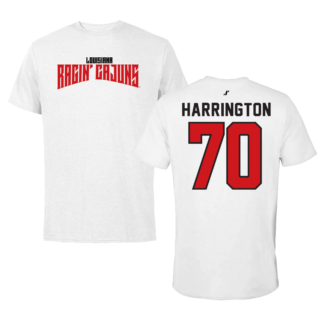 University of Louisiana at Lafayette Football White Classic Tee - #70 Jax Harrington