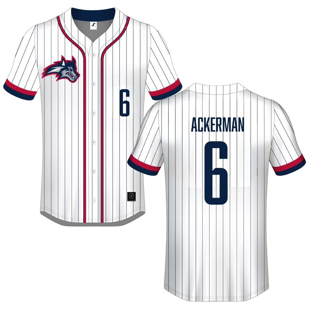 Stony Brook University White Pinstripe Button-Down Jersey - #6 Naiah Ackerman